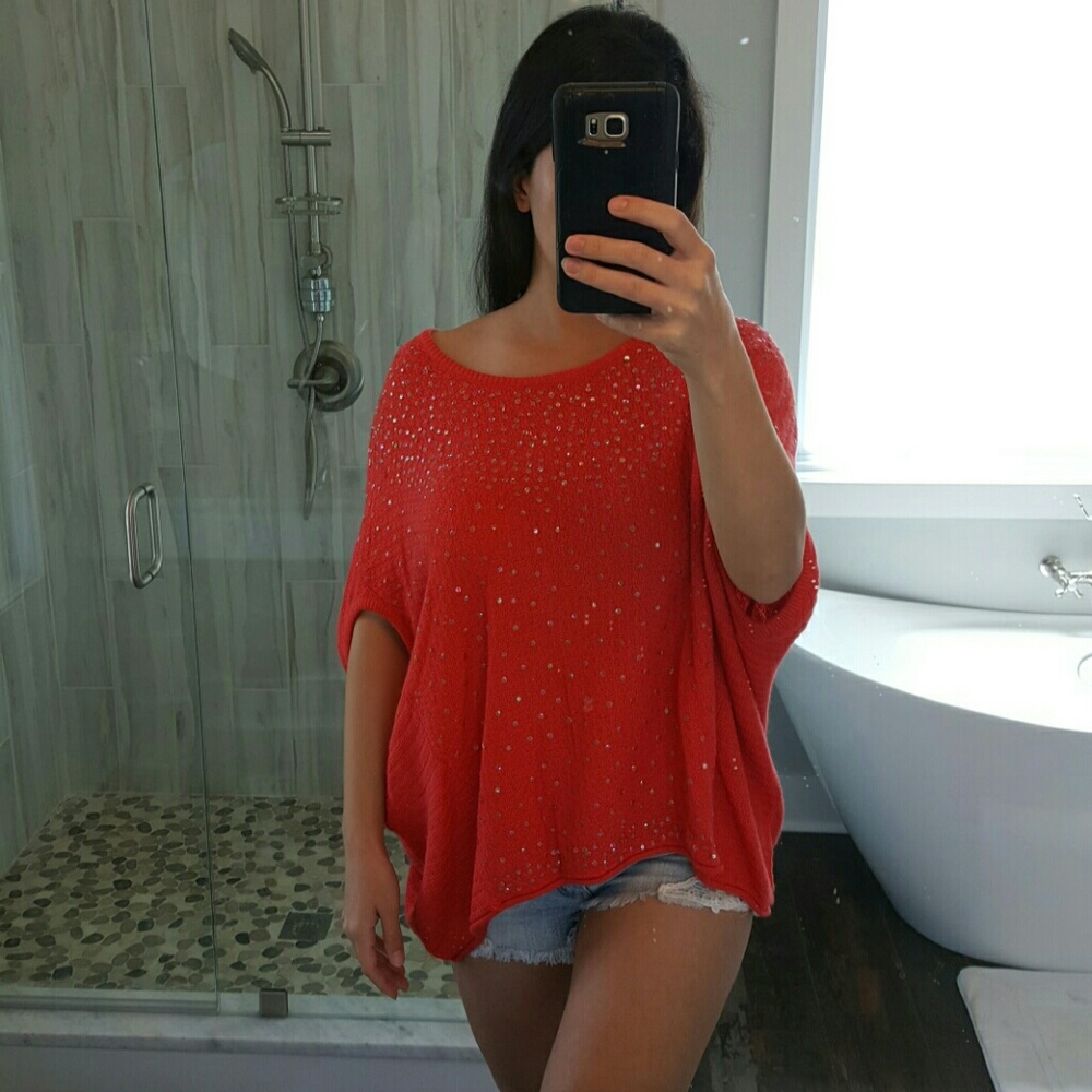 FREE PEOPLE CORAL SEQUINS SWEATER